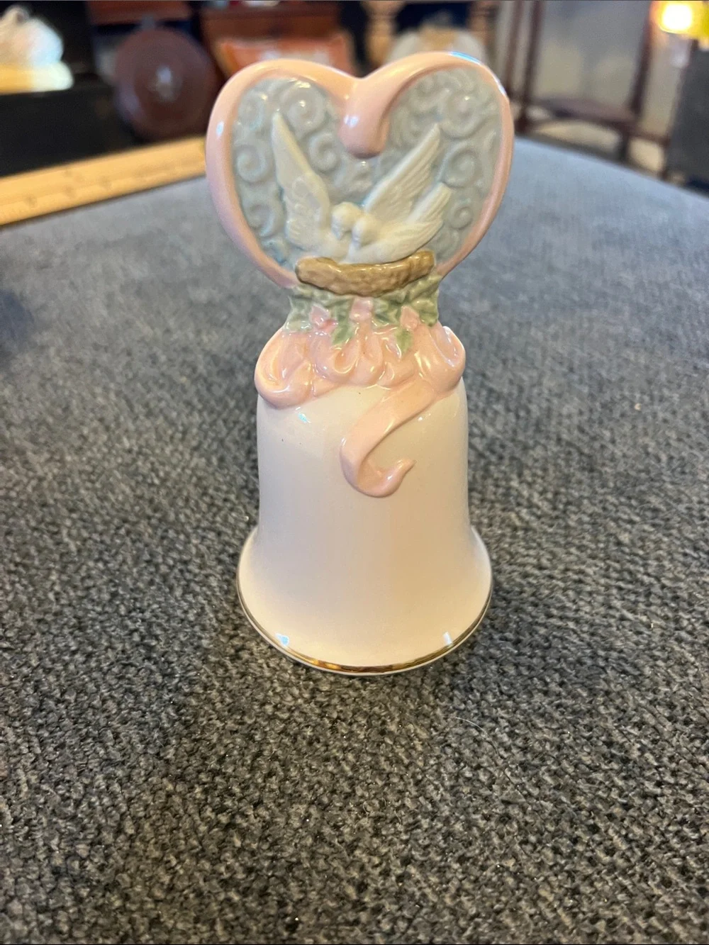Avon Vintage 1995 Pink and Gold Porcelain Heart Bell with Love Birds